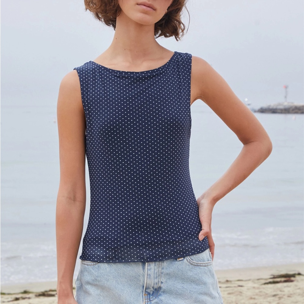 Brandy Melville Navy and White Polka Dot Tank